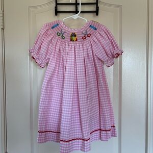 Silly Goose Hand Smocked Pink Gingham Back to School Embroidered Dress